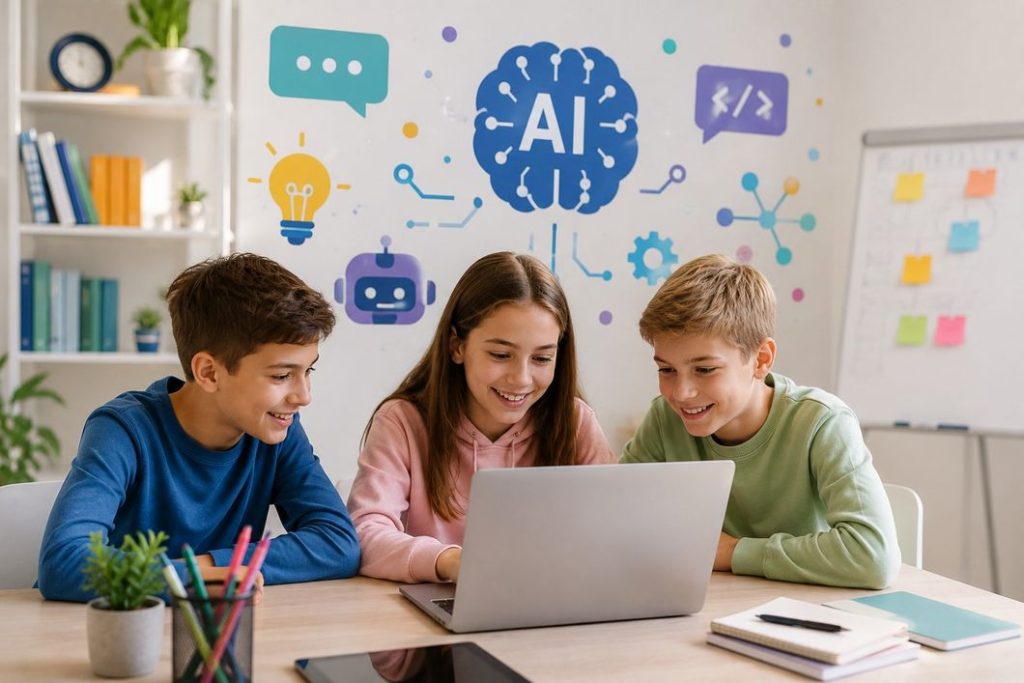 Grupa dece okupljena oko laptopa na stolu u učionici