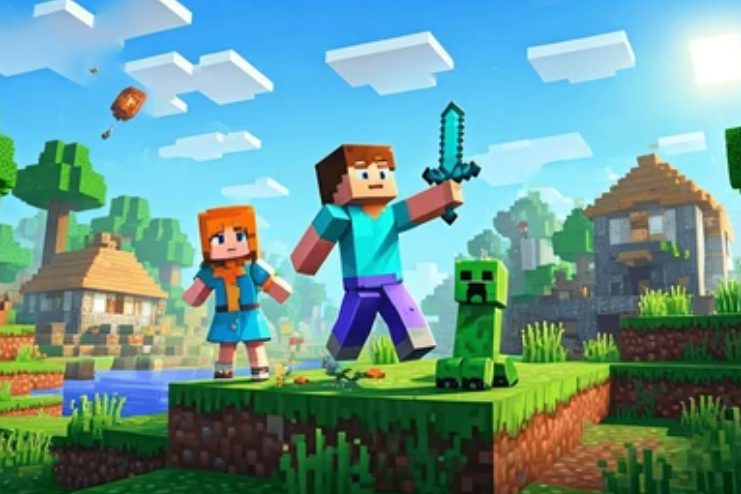 Likovi u Minecraft stilu na travnatoj čistini pred planinom