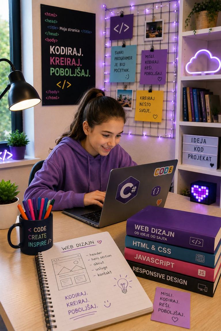 Devojčica za laptopom sa nalepnicom C#, pored nje knjige o programiranju
