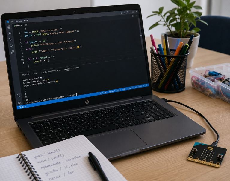 Laptop sa Python programom u editoru, pored njega micro:bit pločica i sveska sa beleškama