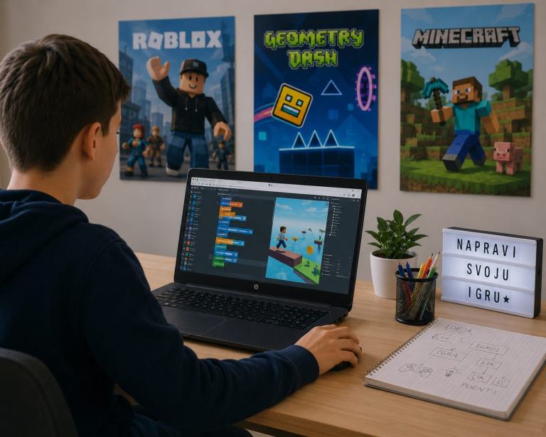 Dečak za laptopom pravi igru, na zidu iza njega posteri Roblox-a, Geometry Dash-a i Minecraft-a