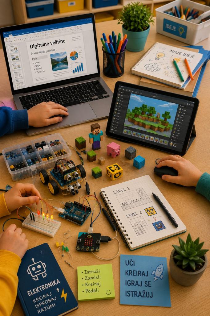 Sto na kome su laptop sa prezentacijom, tablet sa Minecraft-om i elektronsko kolo sa pločicom